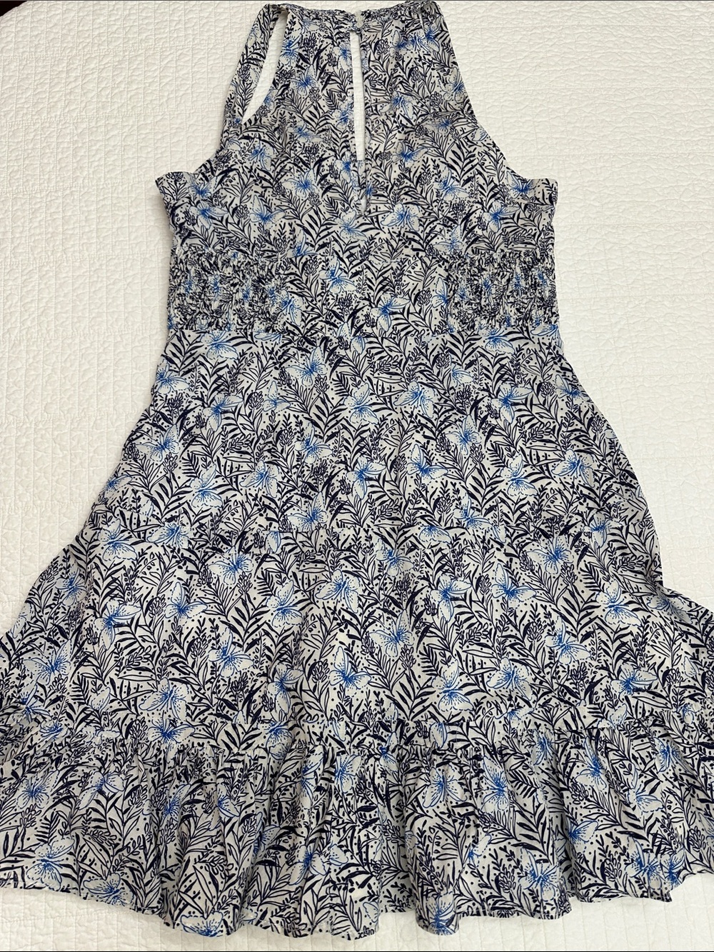 Karen Millen US 12 White A-Line Smocked Dress Navy Light Blue Botanical Print - Picture 4 of 10